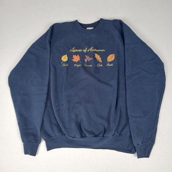 Vintage Y2K Leaves of Autumn Oak Maple Birch Graphic Blue Crewneck Sweatshirt - Picture 1 of 7